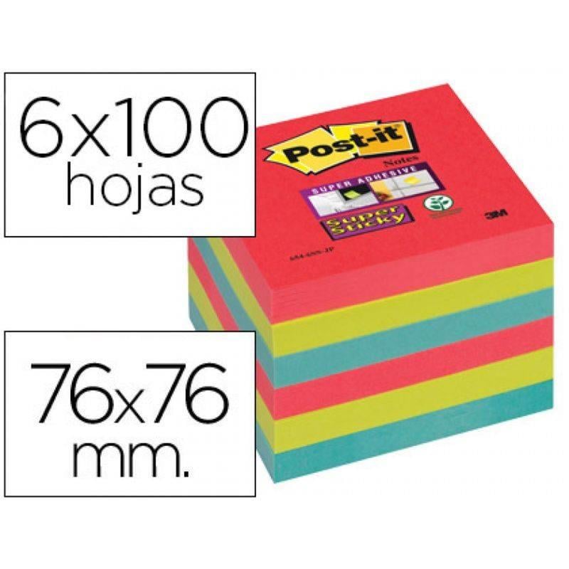 Bloc de notas adhesivas quita y pon post-it super sticky 76x76 mm con 6 bloc 2 rojos verde neon azul