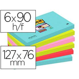 Bloc de notas adhesivas quita y pon post-it super sticky 76x127 mm con 90 hojas pack de 6 unidades colores miami