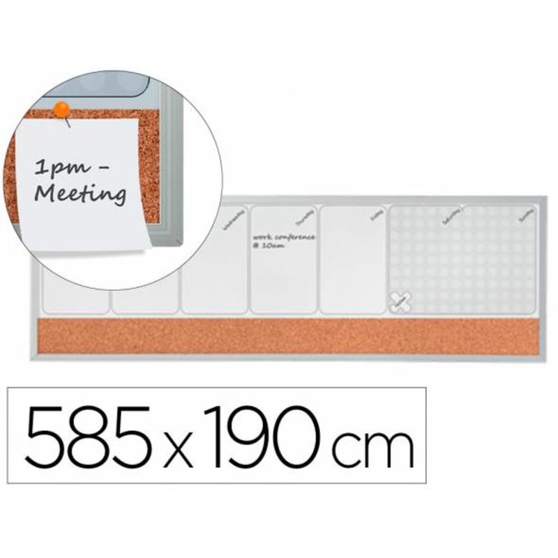 Planificador semanal nobo magnetico + tablero corcho horizontal con marco de aluminio 585x190 mm