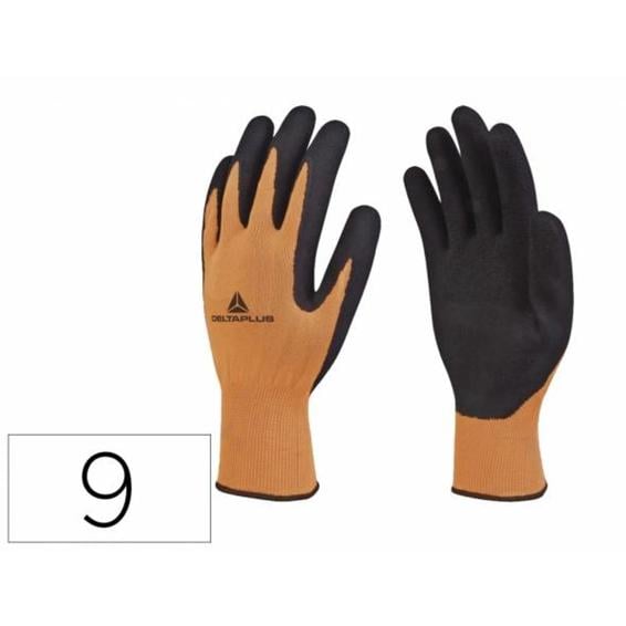 VV733OR09 - Guantes deltaplus poliester impregando latex palma y dedos naranja fluor/negro talla 9