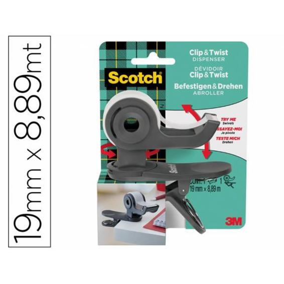C19-CLIP-CG - Portarrollo scotch clip & twist incluye 1 cinta scotch magic 8,89 mt x 19 mm