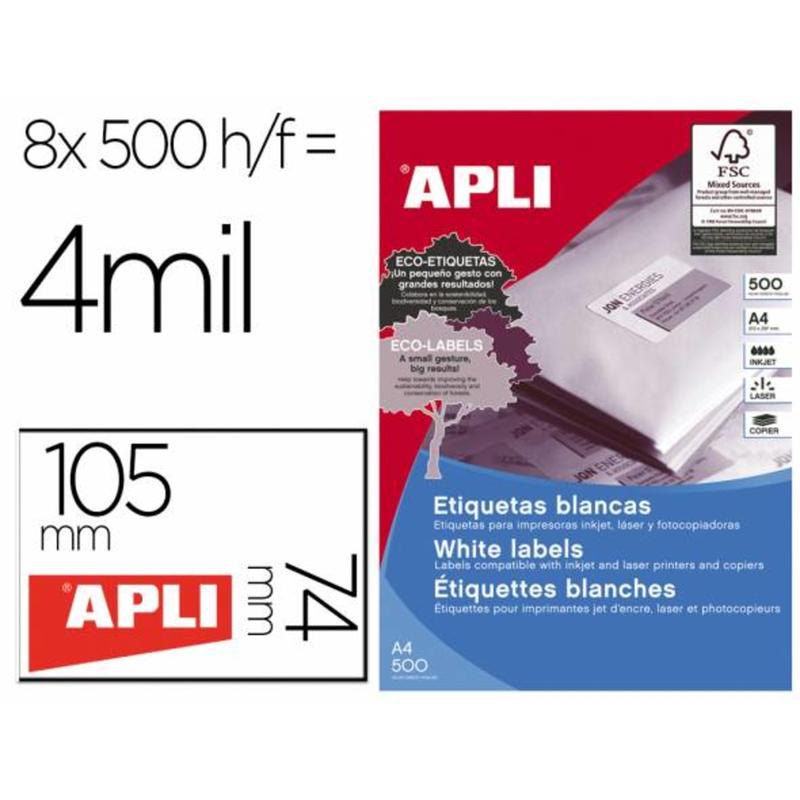 Etiqueta adhesiva apli 1796 105x74 mm para fotocopiadora laser ink-jet caja de 500 hojas - 1796