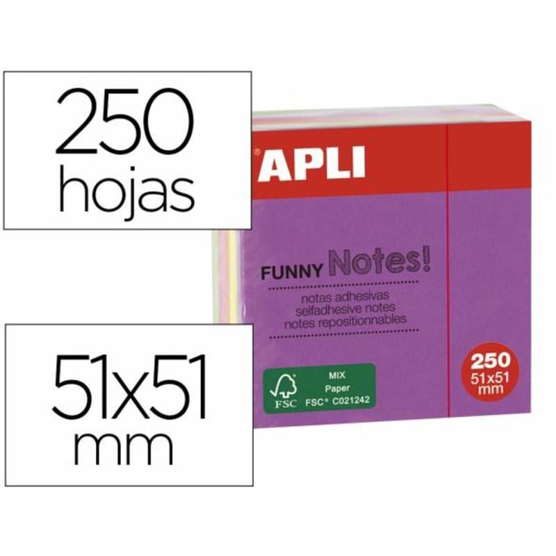 Bloc de notas adhesivas quita y pon apli 51x51 mm minicubo colores fluorescente brillante con 250 hojas - 11596