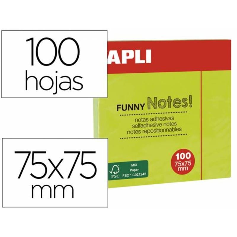 Bloc de notas adhesivas quita y pon apli 75x75 mm verde fluorescente con 100 hojas - 11899