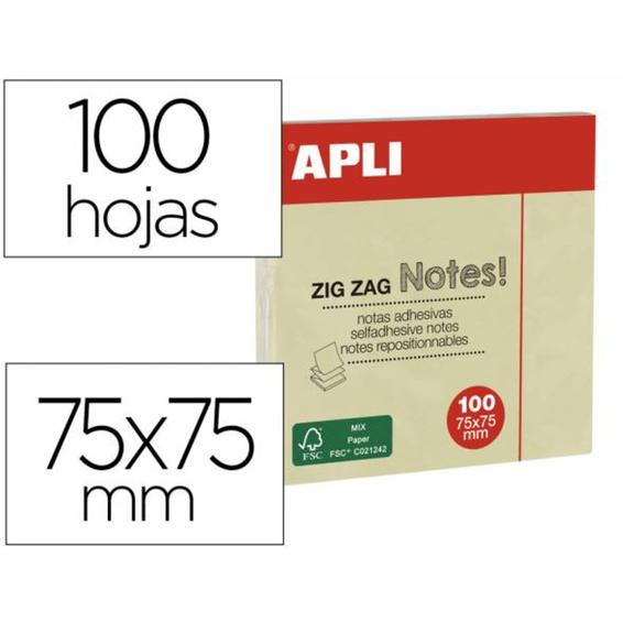 Bloc de notas adhesivas quita y pon apli 75x75 mm zig zag amarillo con 100 hojas - 12078