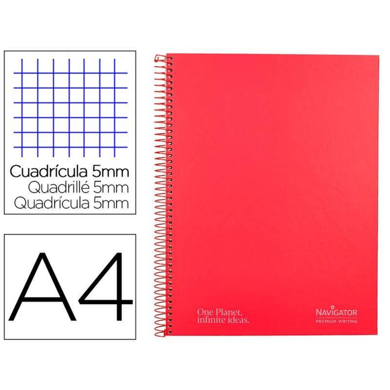 Cuaderno espiral navigator a4 micro a4 tapa forrada 120h 80gr cuadro 5mm 5 bandas 4 taladros color rojo - NA30