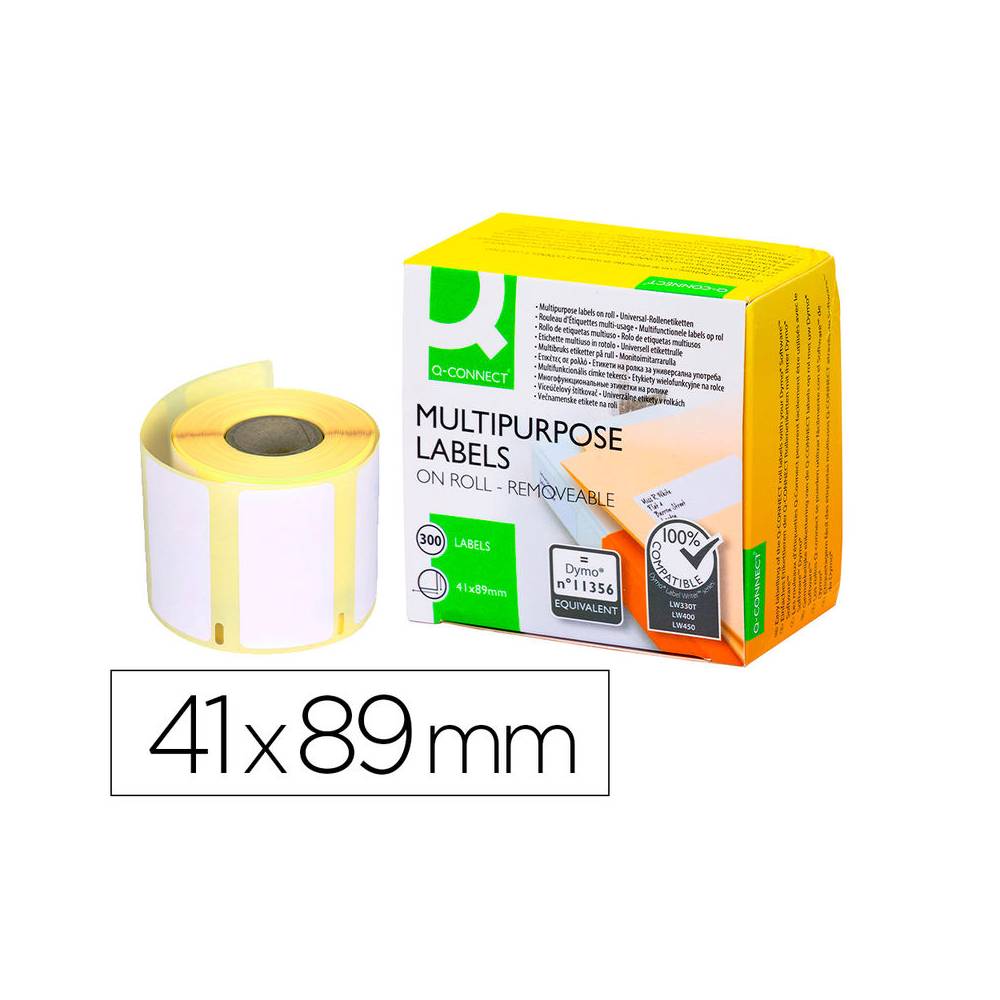 Etiqueta adhesiva removible q-connect kf18535 compatible dymo 11356 tamaño 41x89 mm caja con 300 etiquetas