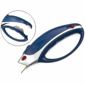 Cuter q-connect xs6200 metalico ancho azul y gris con mango de plastico y compartimento para cuchillas