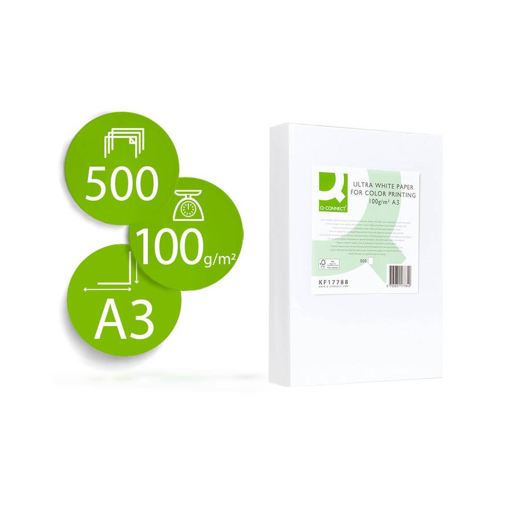 Papel fotocopiadora q-connect ultra white din a3 100 gramos paquete de 500 hojas