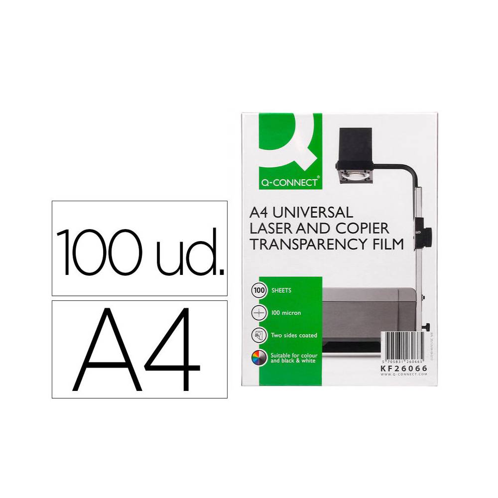 Transparencia q-connect din a4 kf26066 para fotocopiadora tratada dos caras caja de 100