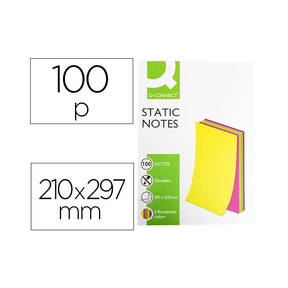 Bloc de notas electrostaticas quita y pon q-connect 210x297mm 100 hojas 5 colores fluorescentes