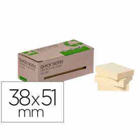 Bloc de notas adhesivas quita y pon q-connect 38x51 mm 100% papel reciclado amarillo en caja de carton