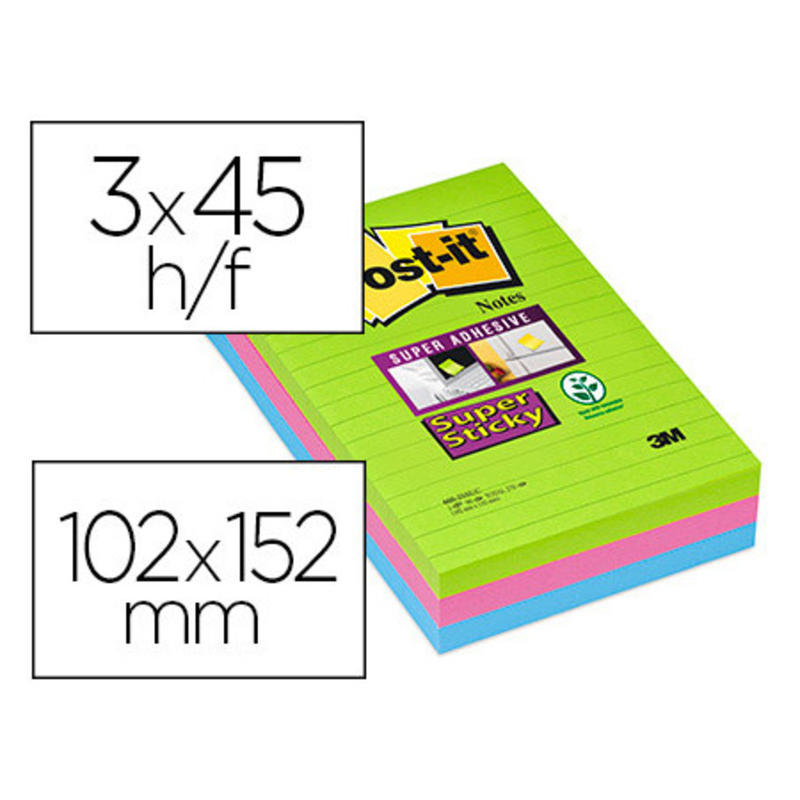 Bloc de notas adhesivas post-it quita y pon super sticky neon rayado 102x152 mm pack de 3 unidades colores