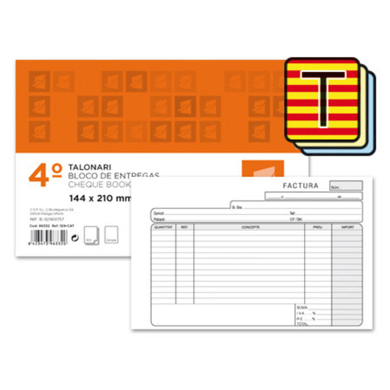 Talonario liderpapel facturas cuarto original y 2 copias t318 apaisado con i.v.a. texto en catalan
