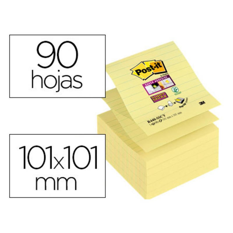 Bloc de notas adhesivas quita y pon post-it super sticky rayado 101x101mm 90 hojas z-notes amarillo canario