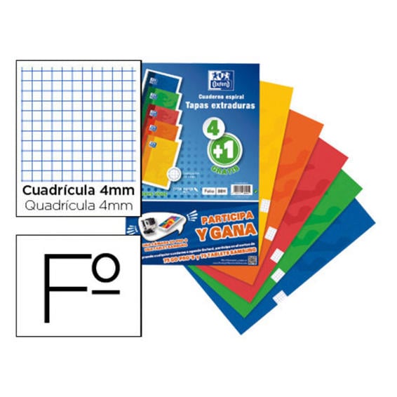 Bloc espiral oxford tapa extradura folio 80 hojas cuadro 4 mm pack de 4 + 1 gratis