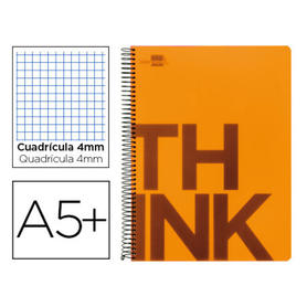 Cuaderno espiral liderpapel cuarto think tapa plastico 80h 80 gr cuadro 4mm con margen color naranja