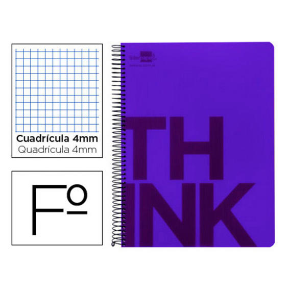 Cuaderno espiral liderpapel folio think tapa plastico 80h 80 gr cuadro 4mm con margen color violeta