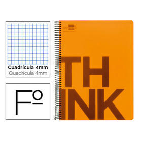 Cuaderno espiral liderpapel folio think tapa plastico 80h 80 gr cuadro 4mm con margen color naranja