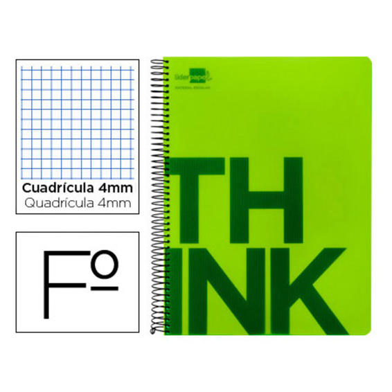 Cuaderno espiral liderpapel folio think tapa plastico 80h 80 gr cuadro 4mm con margen color verde