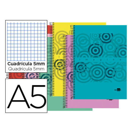 Cuaderno espiral liderpapel a5 micro imagine tapa plastico 160h 60 gr cuadro5mm 5 banda6 taladros colores surtidos