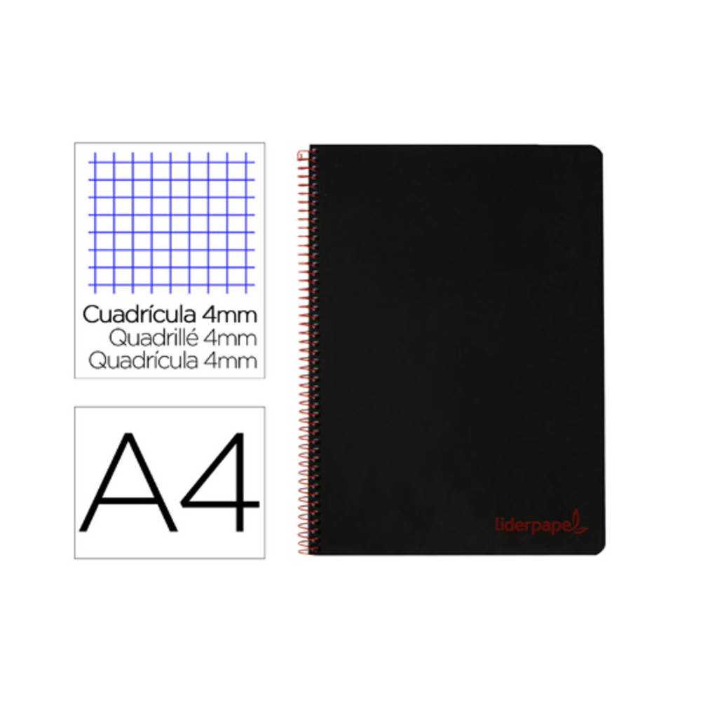 Cuaderno espiral liderpapel a4 wonder tapa plastico 80h 90gr cuadro 4mm con margen color negro
