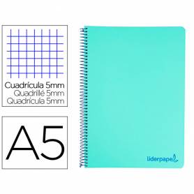 Cuaderno espiral liderpapel a5 micro wonder tapa plastico 120h 90g cuadro 5mm 5 bandas 6 taladros color verde