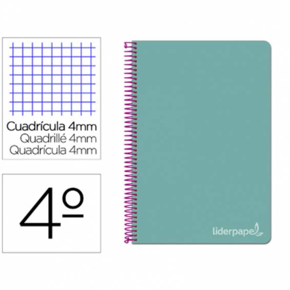 Cuaderno espiral liderpapel cuarto witty tapa dura 80h 75gr cuadro 4mm con margen color turquesa
