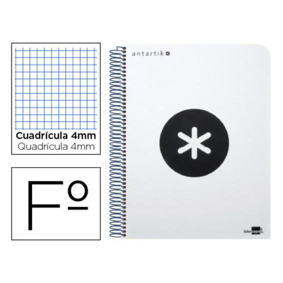 Cuaderno espiral liderpapel folio antartik tapa plastico 80h 100 gr cuadro 4mm con margen color blanco