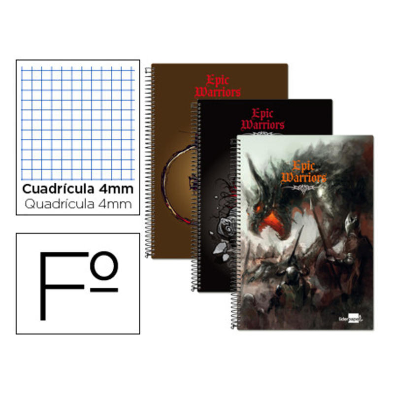 Cuaderno espiral liderpapel folio 80h cuadro 4mm tapa blanda 60 gr fantasia epic warriors