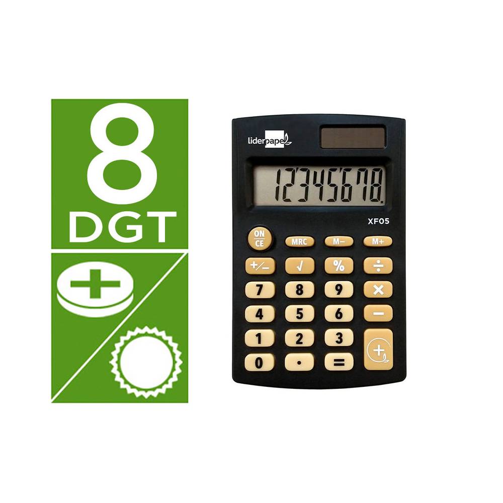 Calculadora liderpapel bolsillo xf05 8 digitos solar y pilas color negro 98x62x8 mm