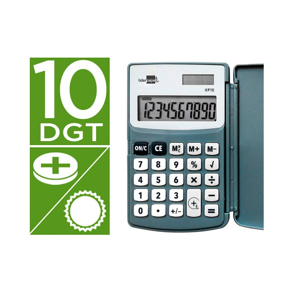 Calculadora liderpapel bolsillo xf15 10 digitos con tapa solar y pilas color gris 123x75x12 mm