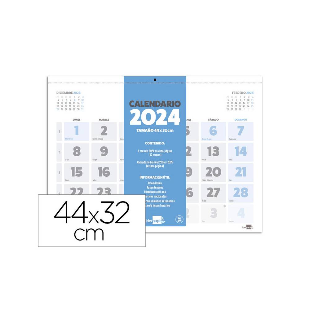 Calendario pared liderpapel clasico 2024 lomo engomado 44x32 cm papel 70 g. - 