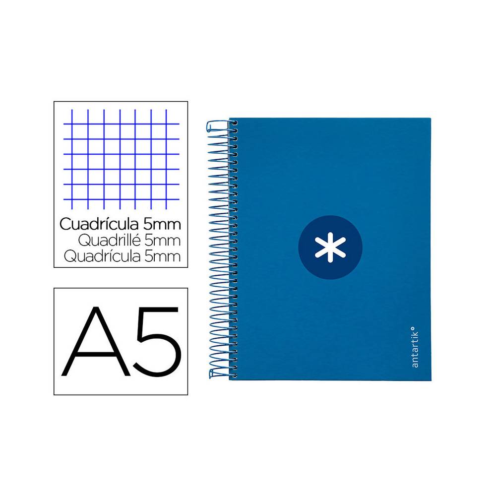 Cuaderno espiral liderpapel a5 micro antartik tapa forrada120h 90 gr cuadro 5mm 5 bandas6 taladros color azul oscuro