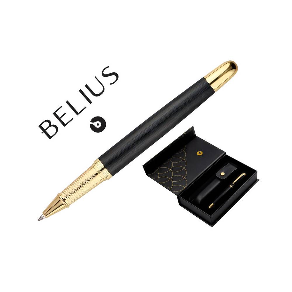 Boligrafo y estuche belius passion dor aluminio textura cepillada color negro y dorado tinta azul caja diseño - BB240