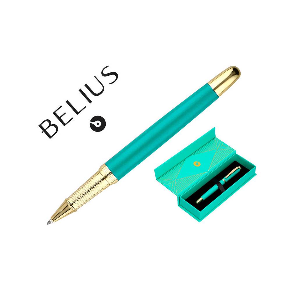 Boligrafo belius soiree aluminio color art deco turquesa y dorado tinta azul caja de diseño - BB265