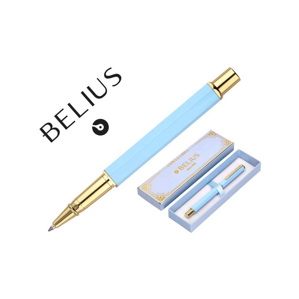 Boligrafo belius macaron bliss forma hexagonal color celeste y dorado tinta azul caja de diseño - BB297