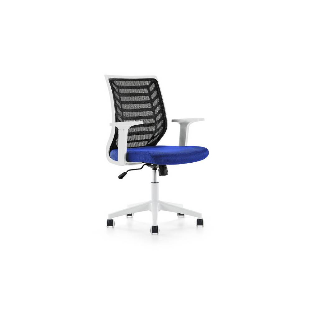 Silla rocada de oficina brazos regulables estructura blanca respaldo malla y asiento tela ignifuga azul - 907W-3