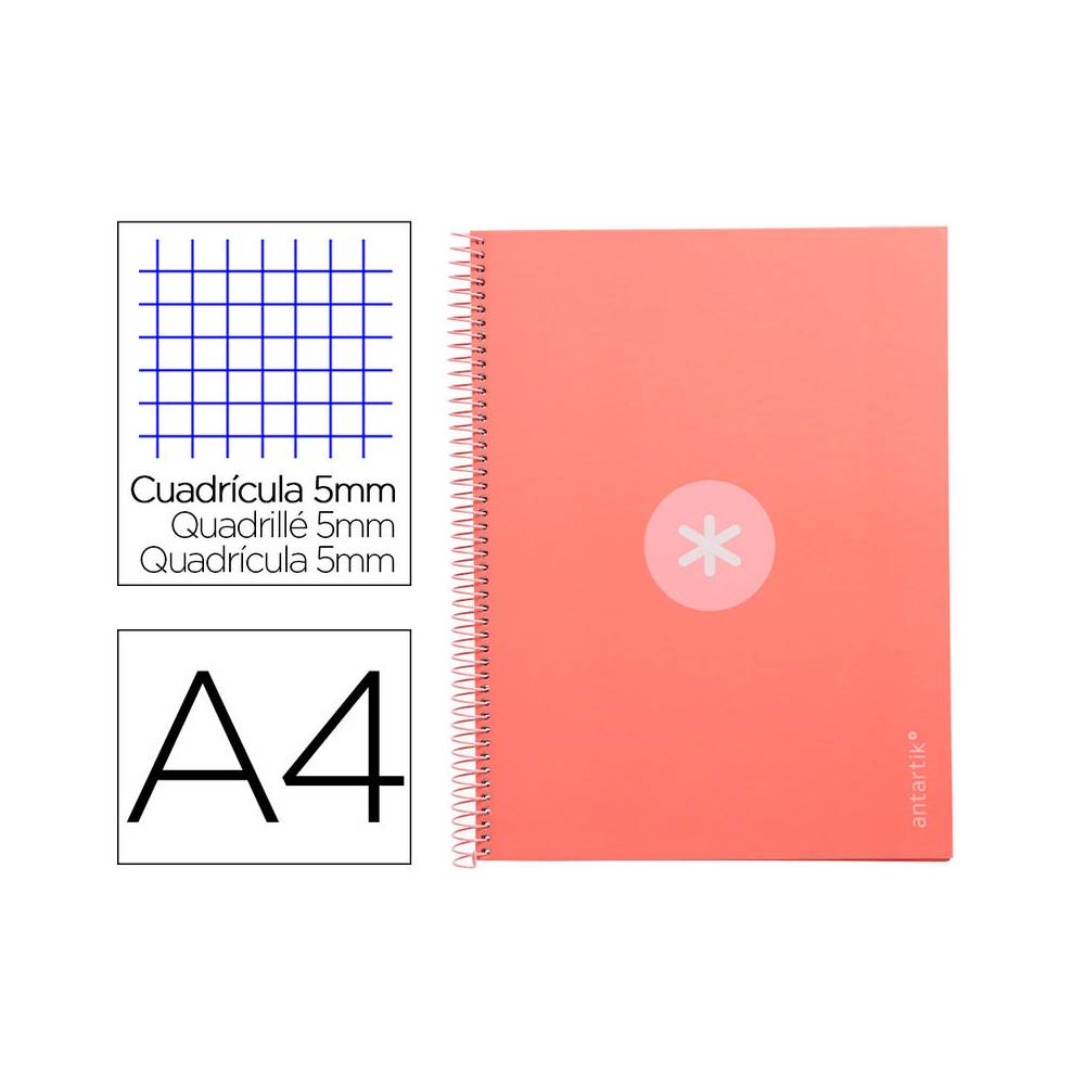 Cuaderno espiral liderpapel a4 micro antartik tapa forrada 80h 90 gr cuadro 5mm 1 banda 4 taladros rosa claro