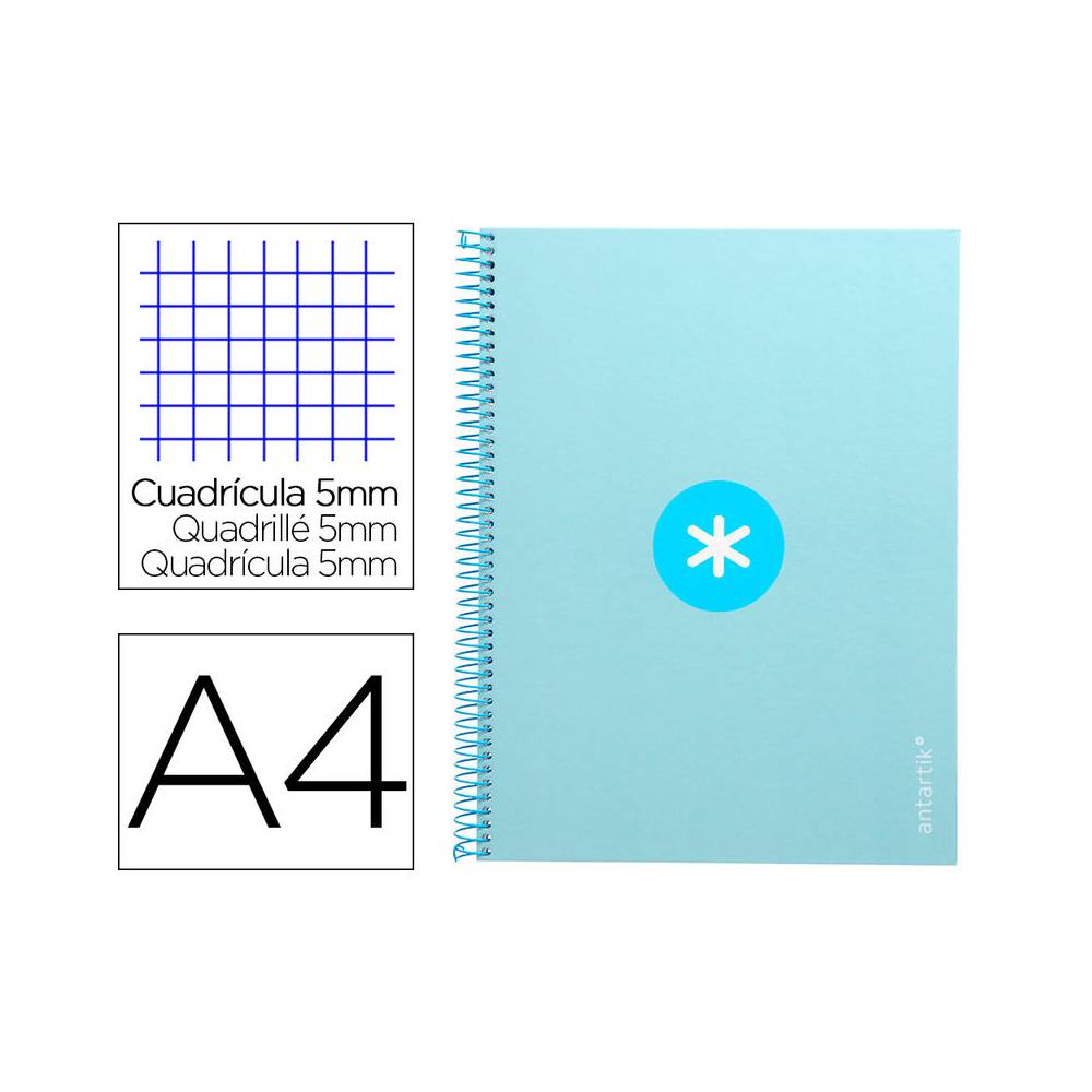 Cuaderno espiral liderpapel a4 micro antartik tapa forrada 80h 90 gr cuadro 5mm 1 banda 4 taladros celeste