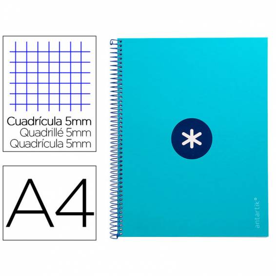 Cuaderno espiral liderpapel a4 micro antartik tapa forrada 80h 90 gr cuadro 5mm 1 banda 4 taladros turquesa