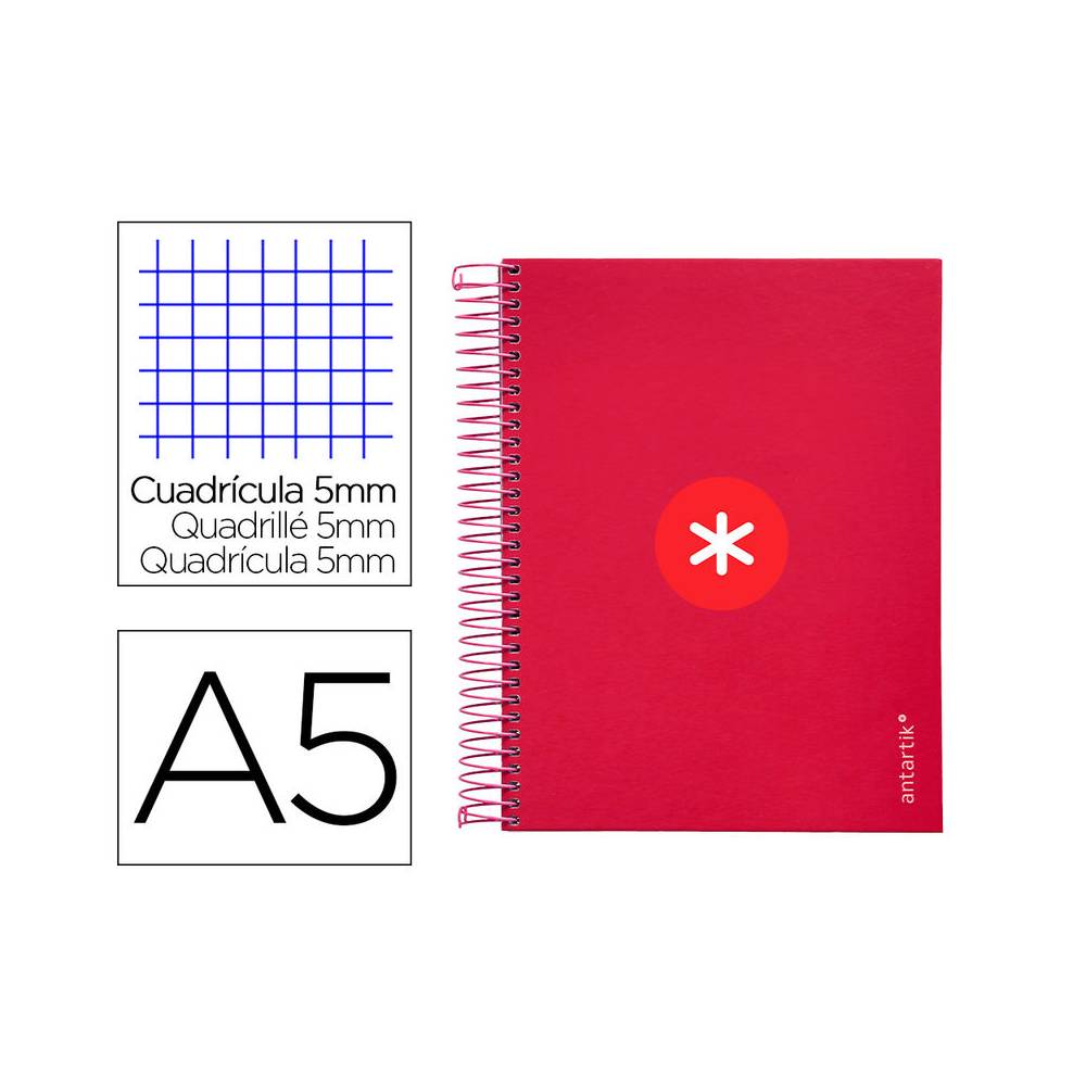 Cuaderno espiral liderpapel a5 micro antartik tapa forrada120h 90 gr cuadro 5mm 5 bandas6 taladros color frambuesa