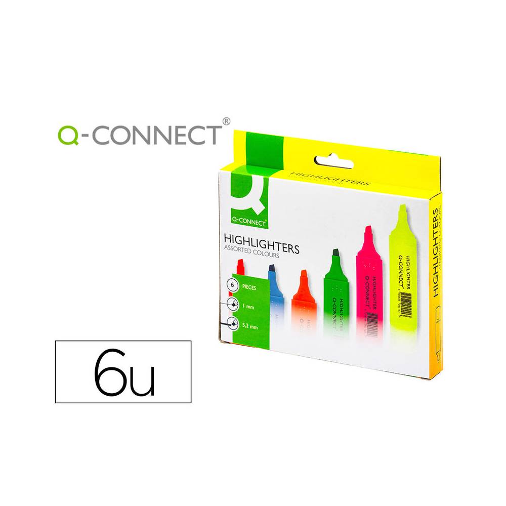 Rotulador q-connect fluorescente punta biselada caja de 6 unidades colores surtidos