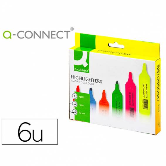 Rotulador q-connect fluorescente punta biselada caja de 6 unidades colores surtidos