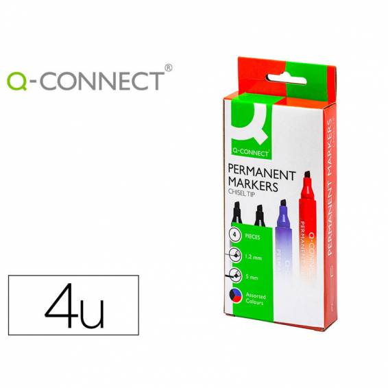 Rotulador q-connect marcador permanente estuche de 4 colores surtidos punta biselada 5 mm