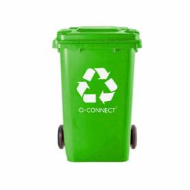 Papelera contenedor q-connect plastico verde para envases de vidrio 100l con tapa y ruedas 750x470x370 mm