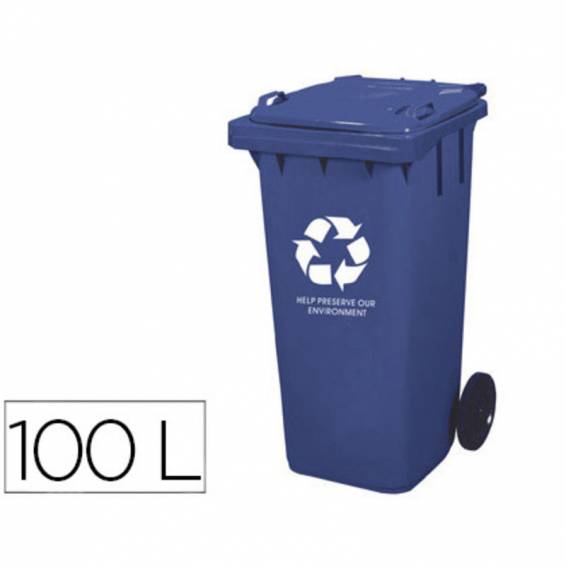 Papelera contenedor q-connect plastico con tapadera 100l color azul 800x510x525 mm con ruedas