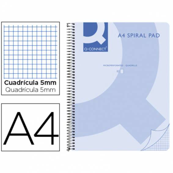 Cuaderno espiral q connect a4 micro tapa plastico 80h 70g cuadro 5mm sin bandas 4 taladros azul