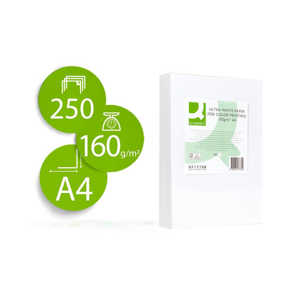 Papel fotocopiadora q-connect ultra white din a4 160 gramos paquete de 250 hojas