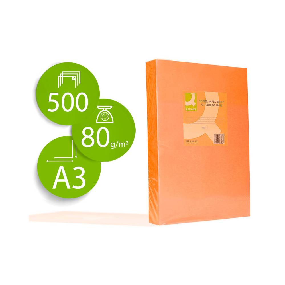 Papel color q-connect din a3 80gr naranja neon paquete de 500 hojas